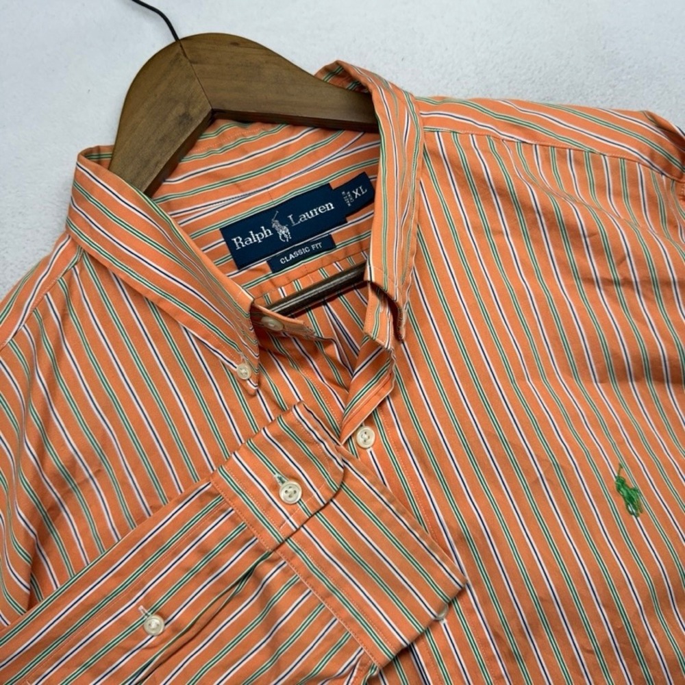 Vintage Ralph Lauren Button Down Shirt Mens XL Orange Green Striped Pony 90s